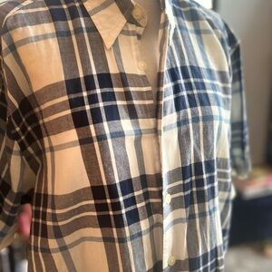 Eddie Bauer Navy and White Plaid Casual Shirt